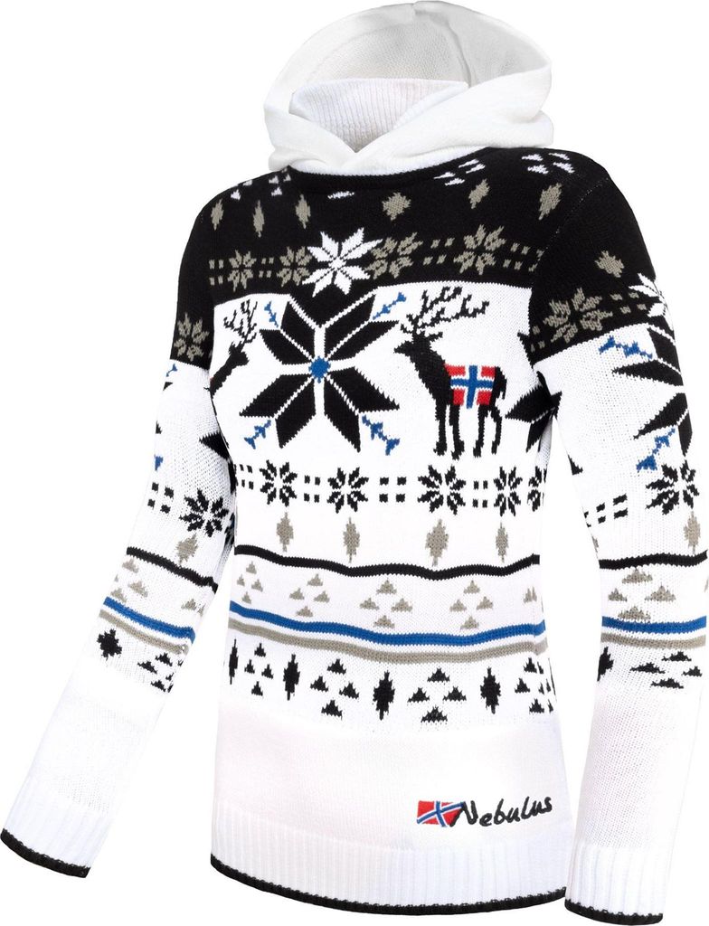 Nebulus Norweger Strick-Hoodie NORJAN Damen, warmer Hoody , schicker Pullover im Norweger-Style , P6184 - Damen, weiß-schwarz, M/38
