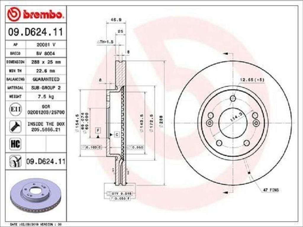 2x BREMBO Bremsscheibe 09.D624.11 für HYUNDAI i30 Schrägheck (PDE PD PDEN)