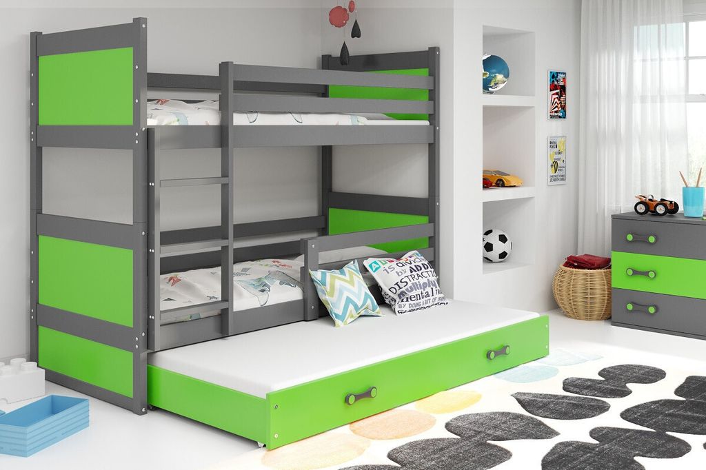 Kinderhochbett mit Zustellbett ohne Matratzen 80x160 FERGUS – Graphit / Grün