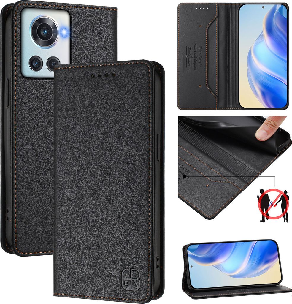 Lederhülle für OnePlus 10R/OnePlus Ace Hülle Flip Brieftasche Kartenfächern Ständer Schutzhülle Schwarz