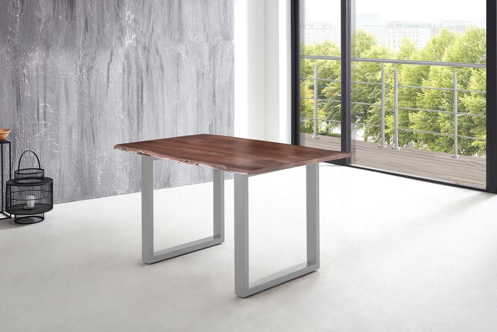 Esstisch Baumkante massiv Akazie nussbaum 160 x 85 U-Gestell silber LUBIN
