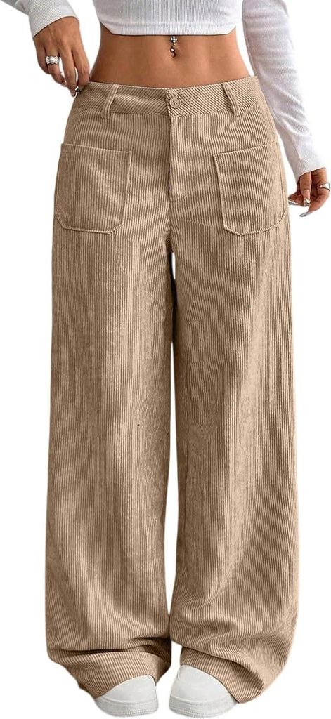 ASKSA Damen Cordhose High Waist Weites Bein Hosen Freizeithose Elegante Bequeme Locker Hose mit Taschen (Khaki,XL)