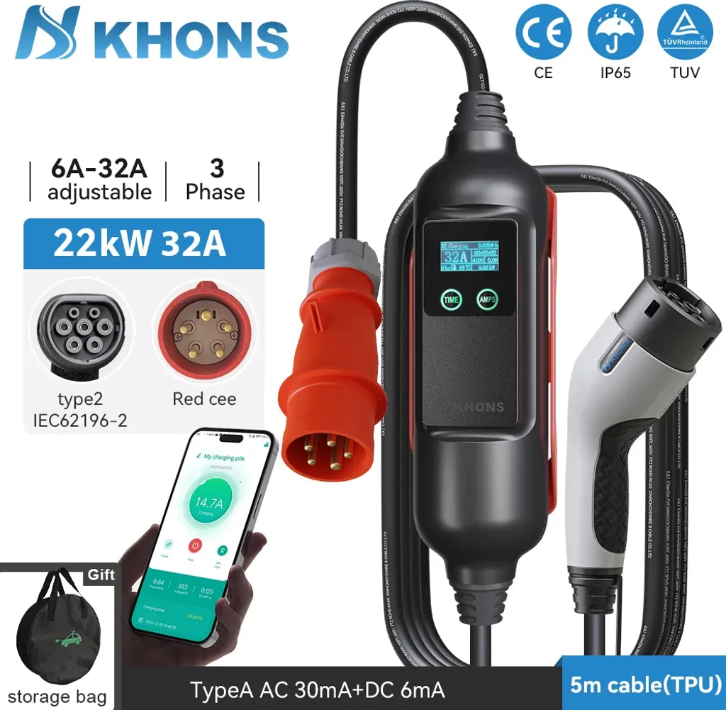 Khons EV Chargeur Portable 22kW 32A Triphasé Type 2 Câble 5m Noir - 2