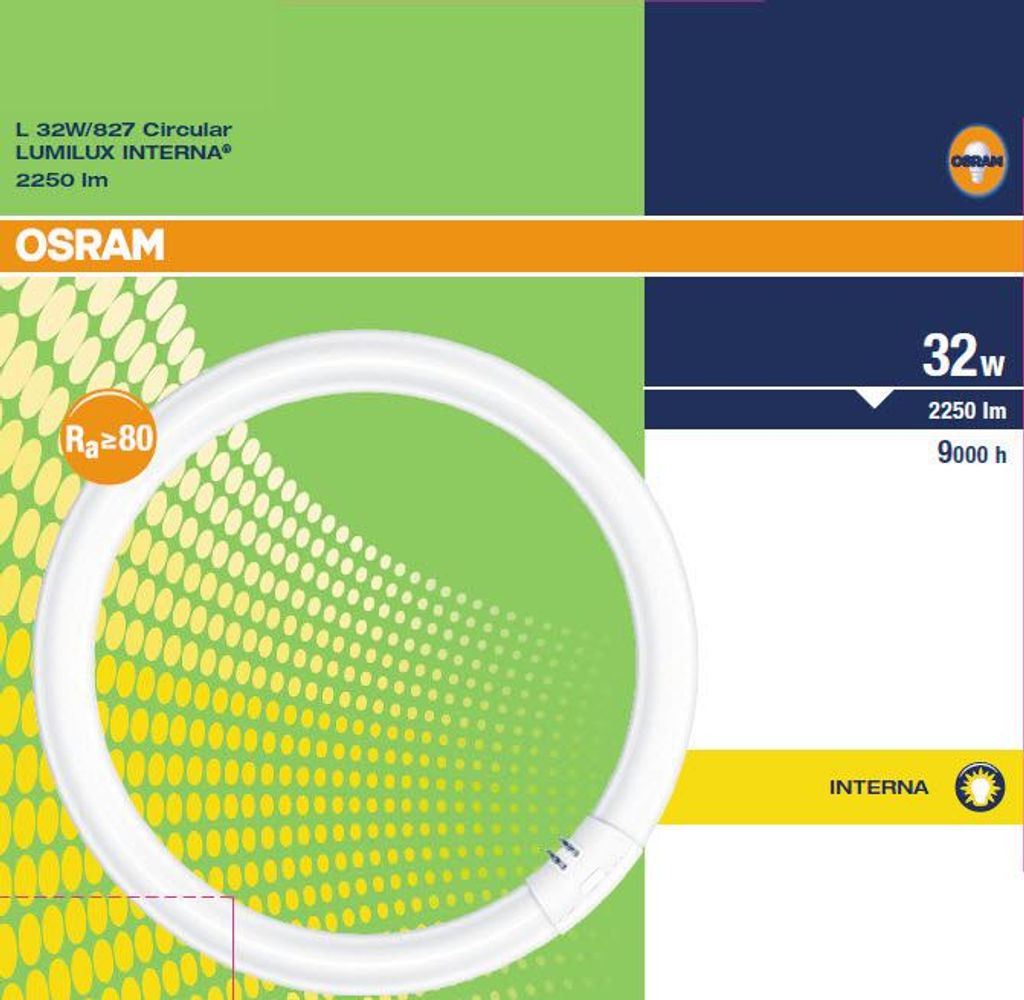A circular fluorescent light bulb with branding and product specifications.