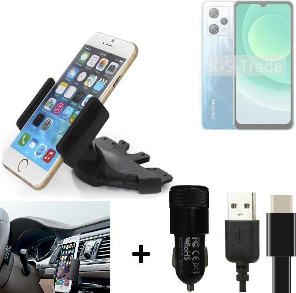 K-S-Trade CD Schlitz Handy-Halterung kompatibel mit Blackview A53 Autohalterung KFZ-Halter Radio Handy Halterung 360° drehbar CD-Schacht inkl. USB-C
