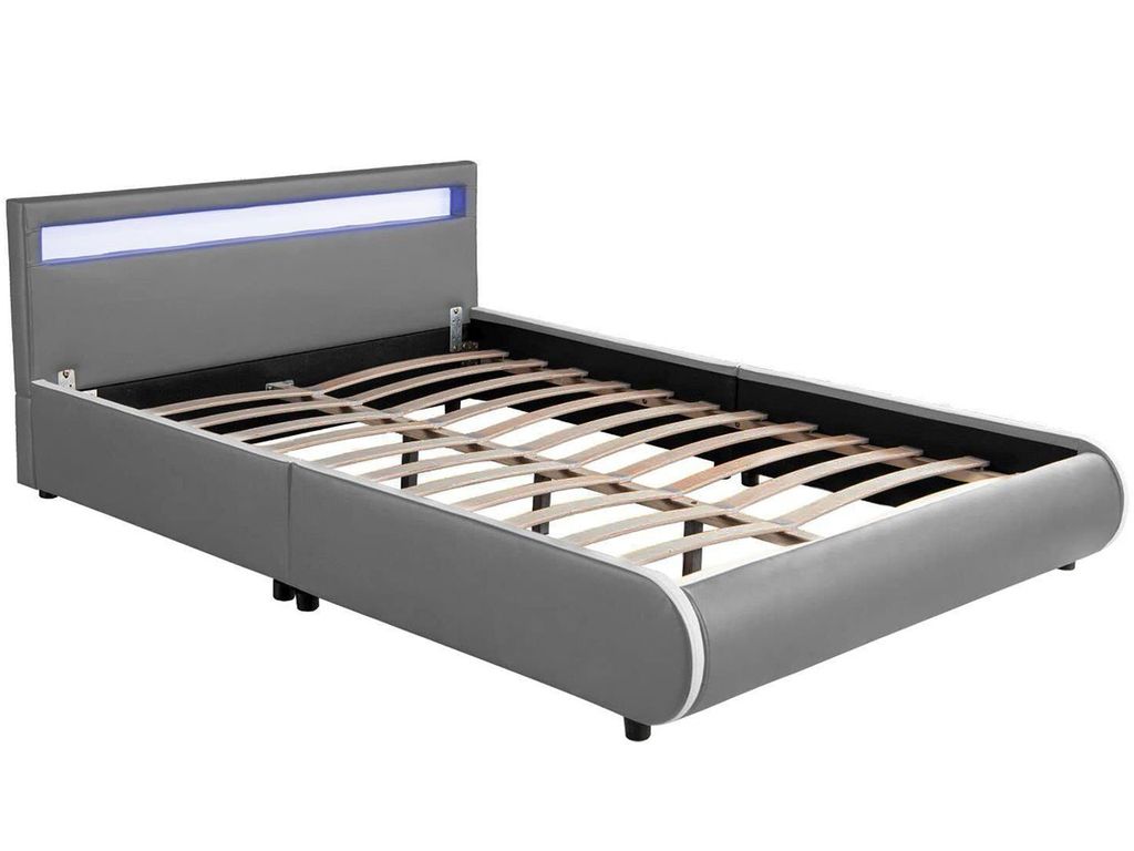 A modern gray bed frame with a built-in LED light strip at the headboard.