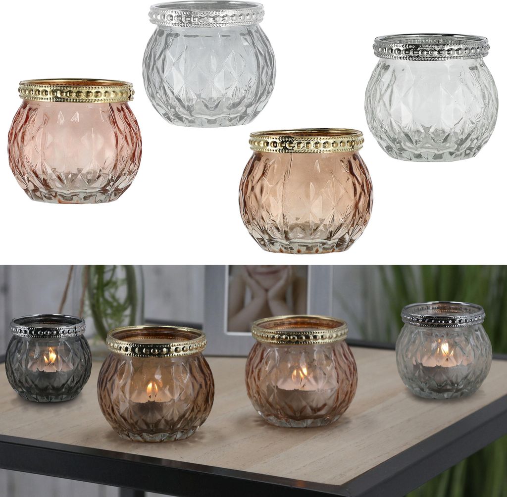 Teelichtglas 4er Set orientalisch Glas Ø6,5cm H5,7cm Windlicht weiß grau pink braun Leuchte Lampe Teelichthalter