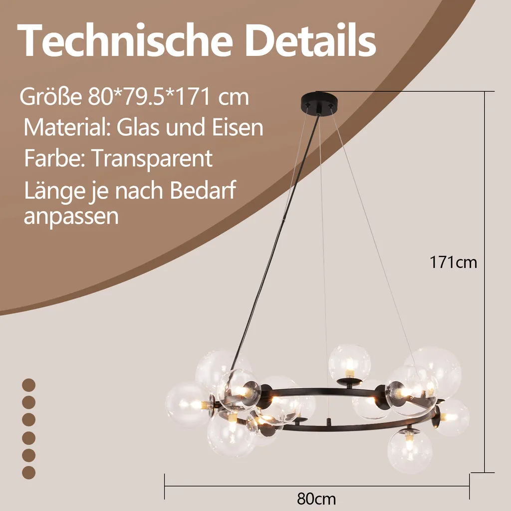 Lustre Boule de Verre Moderne 14 Feux pour Table à Manger et Séjour G9