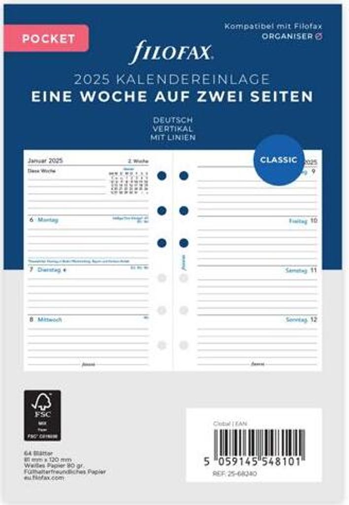 FILOFAX Kalendereinlage 2025 - POCKET - 1 Woche = 2 Seiten Produktbild 