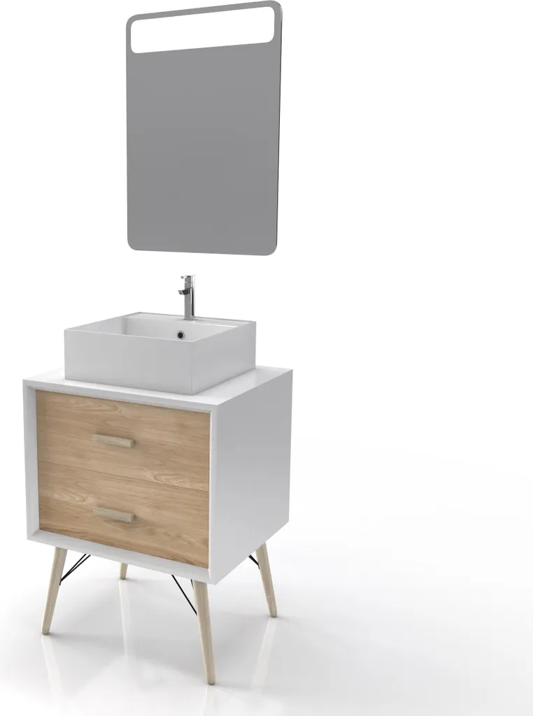 Meuble Salle de Bain Scandinave 60cm Blanc et Bois avec Vasque à Poser
