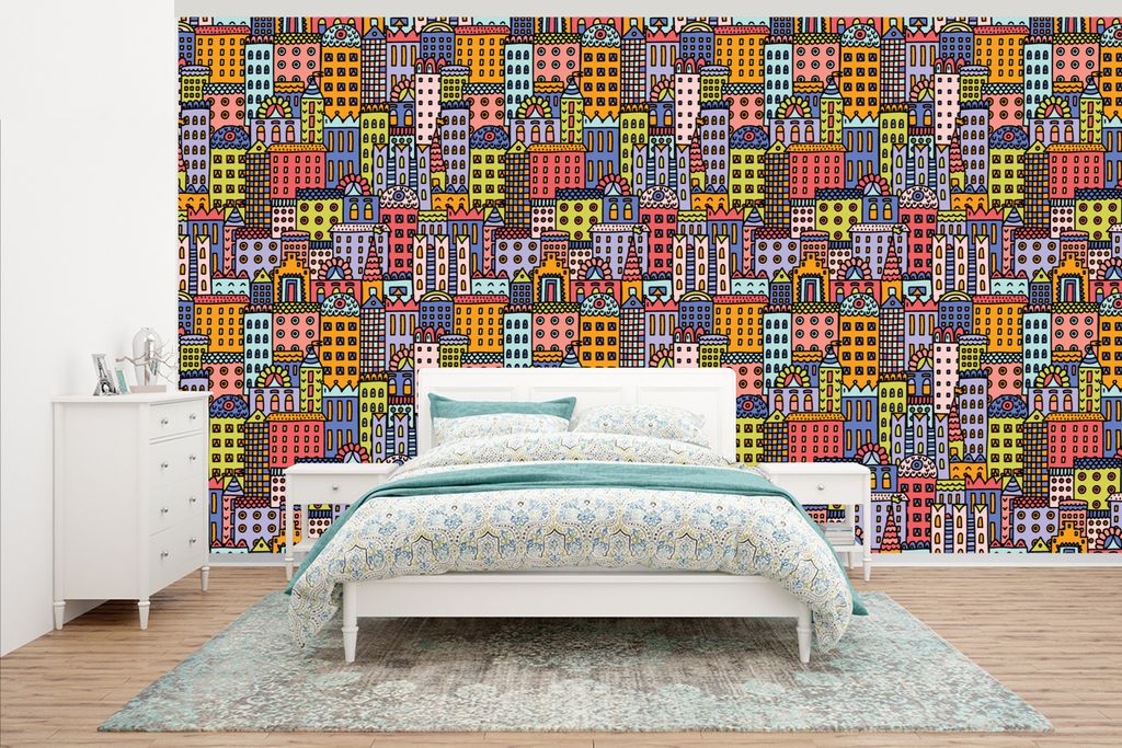 MuchoWow Fototapete für Wohnzimmer oder Schlafzimmer Wandtapete Vinyl Motivtapete Haus - Regenbogen - Muster - 430x240 cm - Gemustert