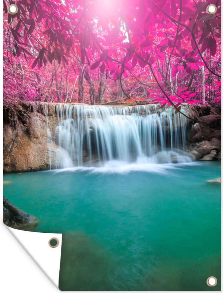 MuchoWow 30x40 cm Outdoor-Poster Gartendeko Sichtschutz Garten Poster für den Garten Wasserfall - Baum - Rosa - Natur