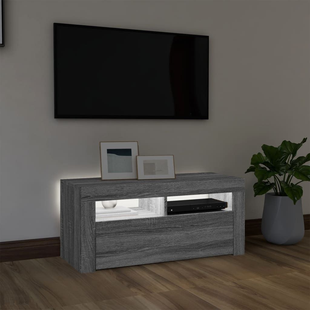 "Winterschlussverkauf "TV-Schrank Industriestil - CLORIS - Fernsehenschrank - mit LED-Leuchten Grau Sonoma 90x35x40 cm - DEMöbel5793385