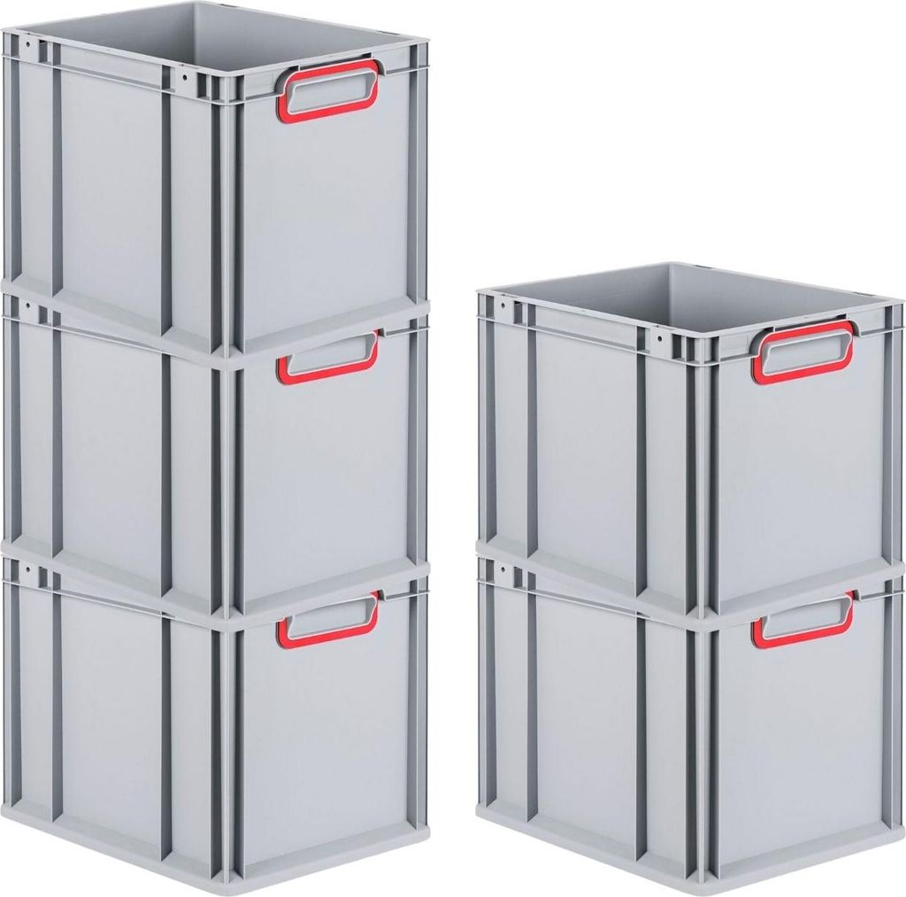 SuperSparSet 5x Eurobox NextGen Color | HxBxT 32x30x40cm | 30 Liter | Griffe rot geschlossen | Glatter Boden | Eurobehälter, Transportbox, Transpo...