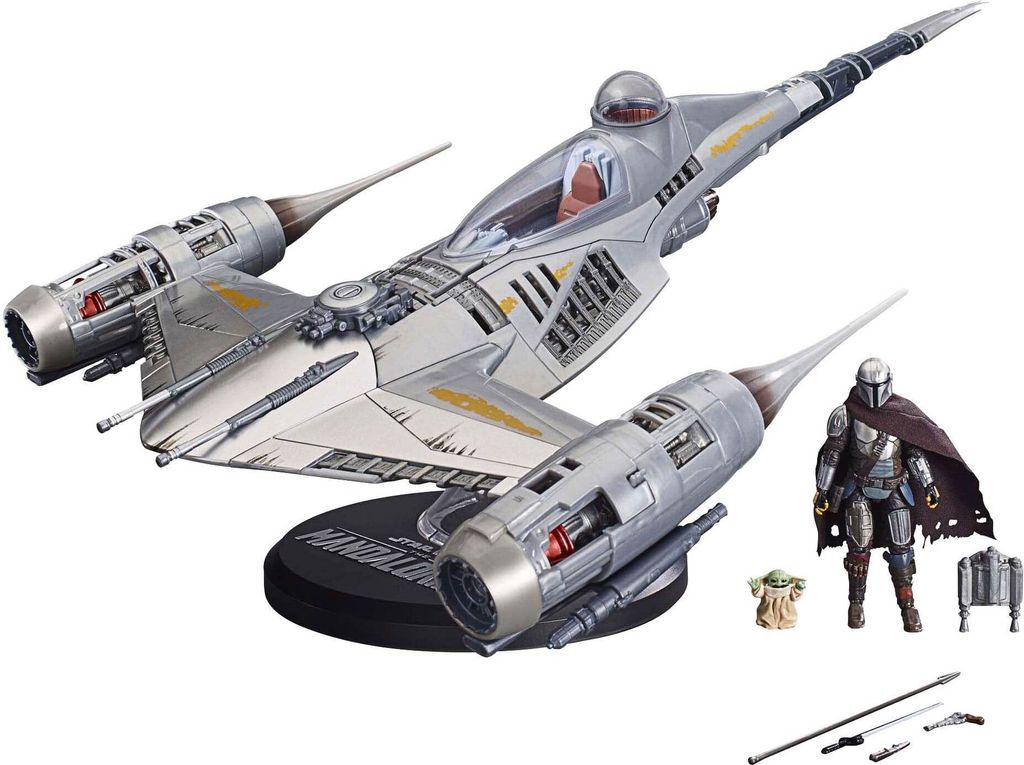 A Star Wars N-1 Starfighter model with accompanying figures and accessories, displayed on a white background.