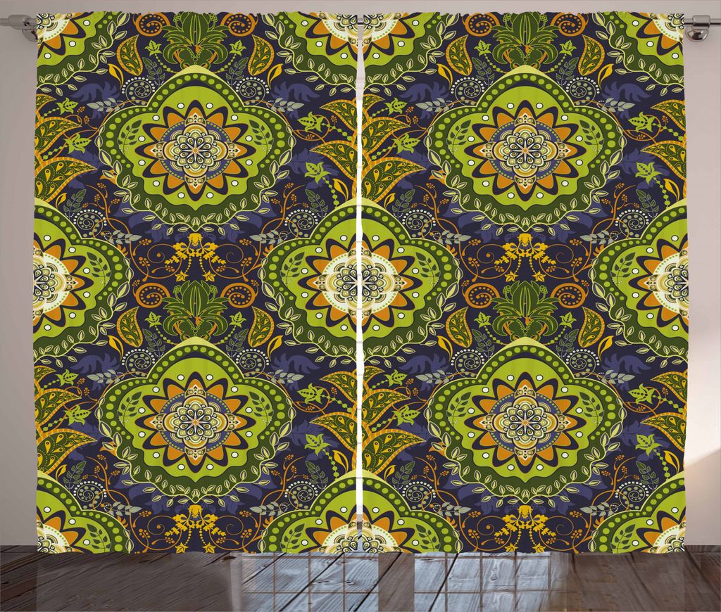 ABAKUHAUS Ethnisch Rustikaler Gardine, tropische Motive, Schlafzimmer Kräuselband Vorhang mit Schlaufen und Haken, 280 x 245 cm, Grün Orange Dunk...