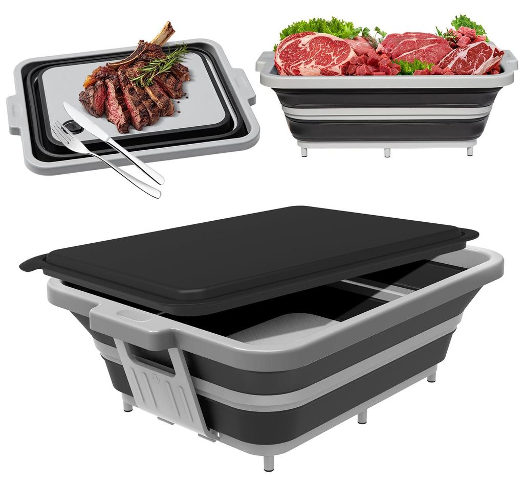 Faltbare Grillplatte mit Deckel (8 l) – Faltbares Campingwaschbecken mit Siebeinsatz | 4-in-1: Schneidebrett, Marinadenbehälter, Aufbewahrungsbo...