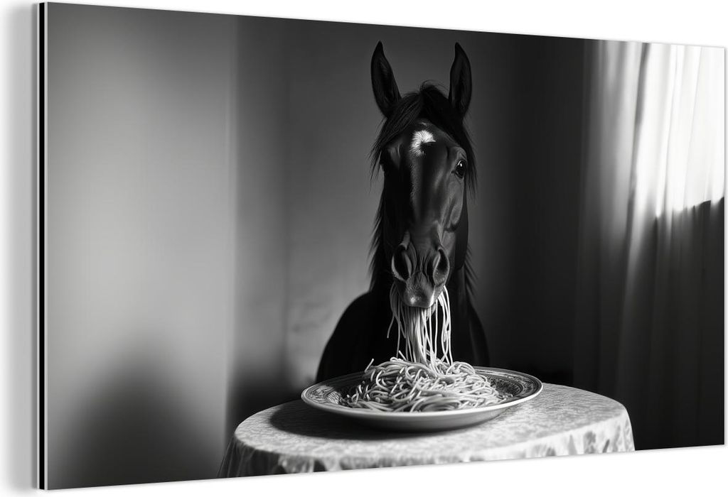 MuchoWow Wanddekoration Metall Metallbild Wandkunst 120x60 cm Pferd - Teller - Pasta - Tischtuch - Schwarz und weiß - Tiere MuchoWow Aluminium Gem...