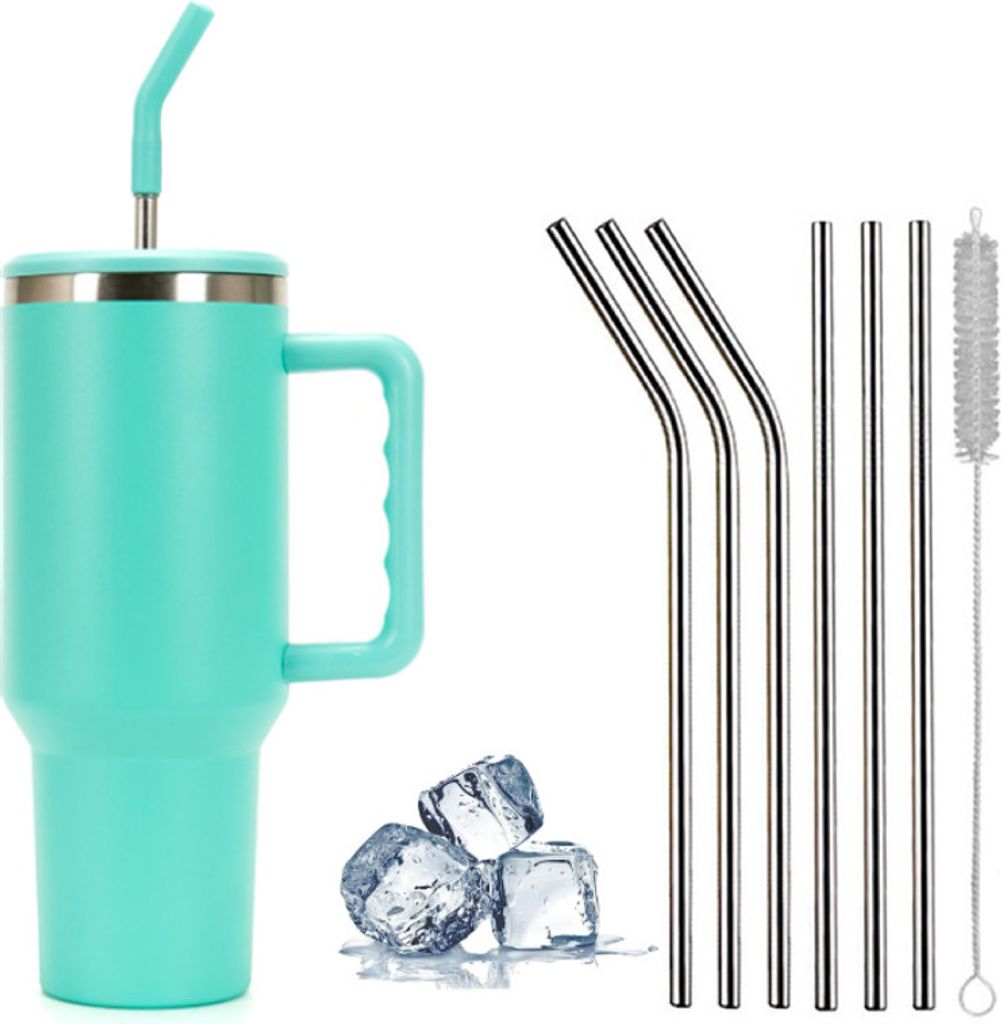 1200ml Becher mit Griff und Stroh, 304 Doppelwandiger Vakuum Edelstahl Tragbare Autobecher Reiseflasche, Kaffeebecher für unterwegs oder Büro, bl...