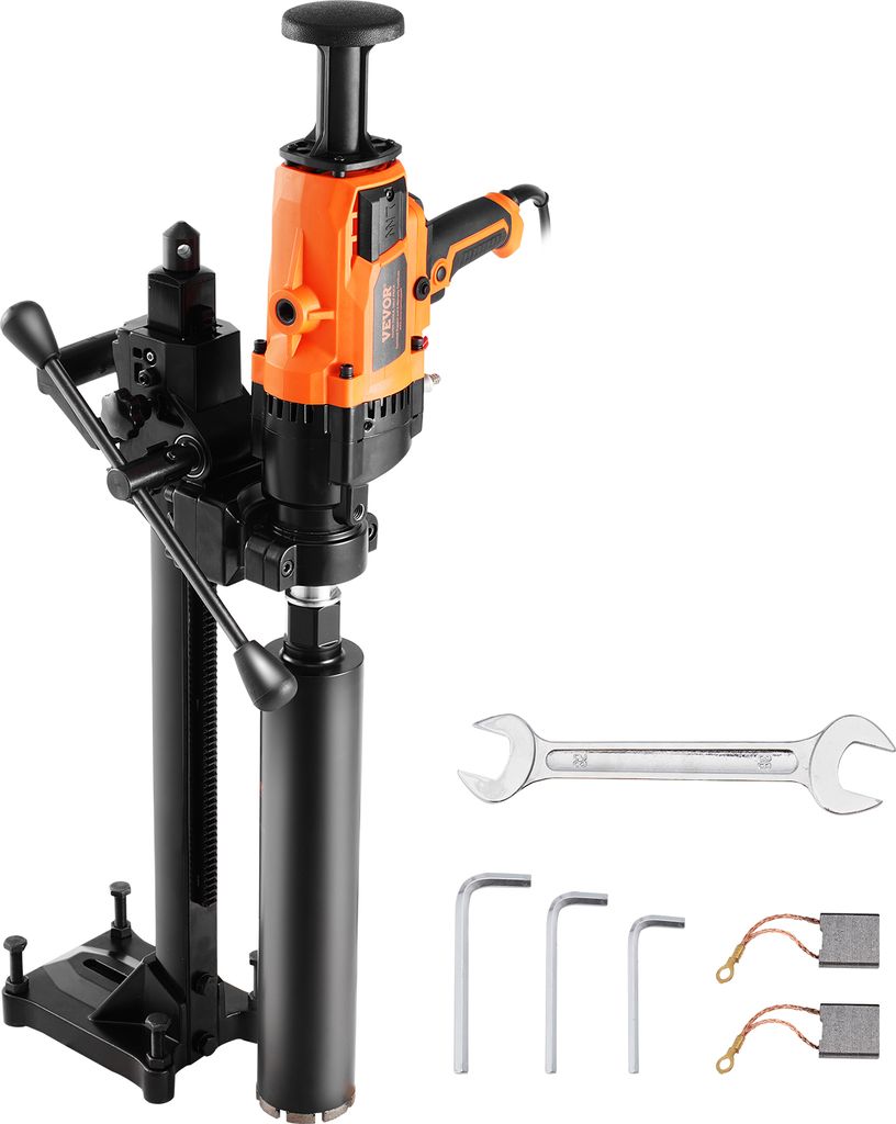 A core drilling machine with accessories on a white background.