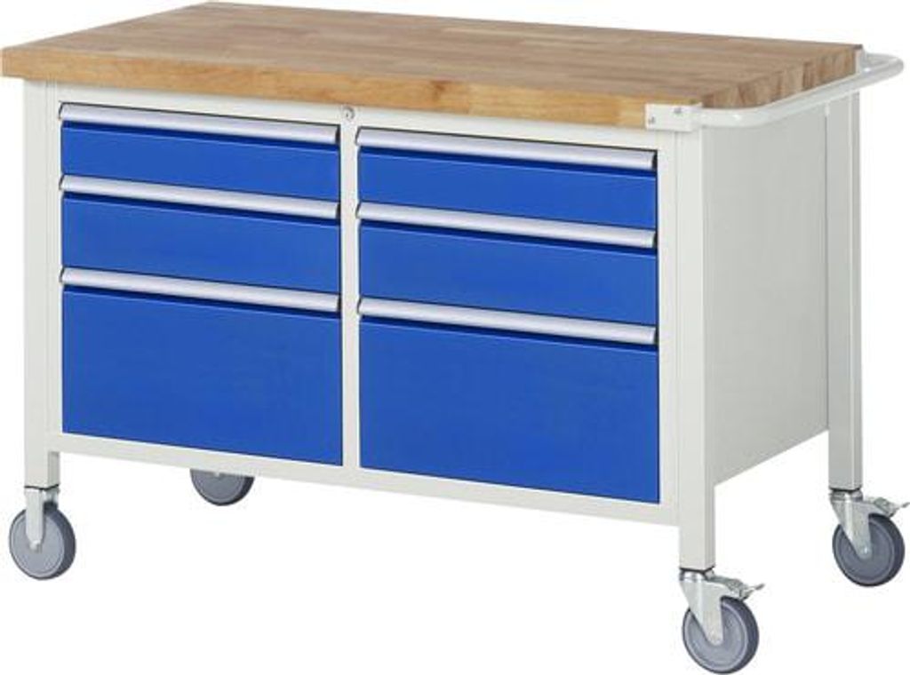 Mobile Werkbank mit 6 Schubladen - Teilauszug - 120:2 / 150:2 / 270:2 - höhenverstellbar 880-1.080 mm - 1.250 x 700 mm (BxT) - Traglast 450 kg - B...