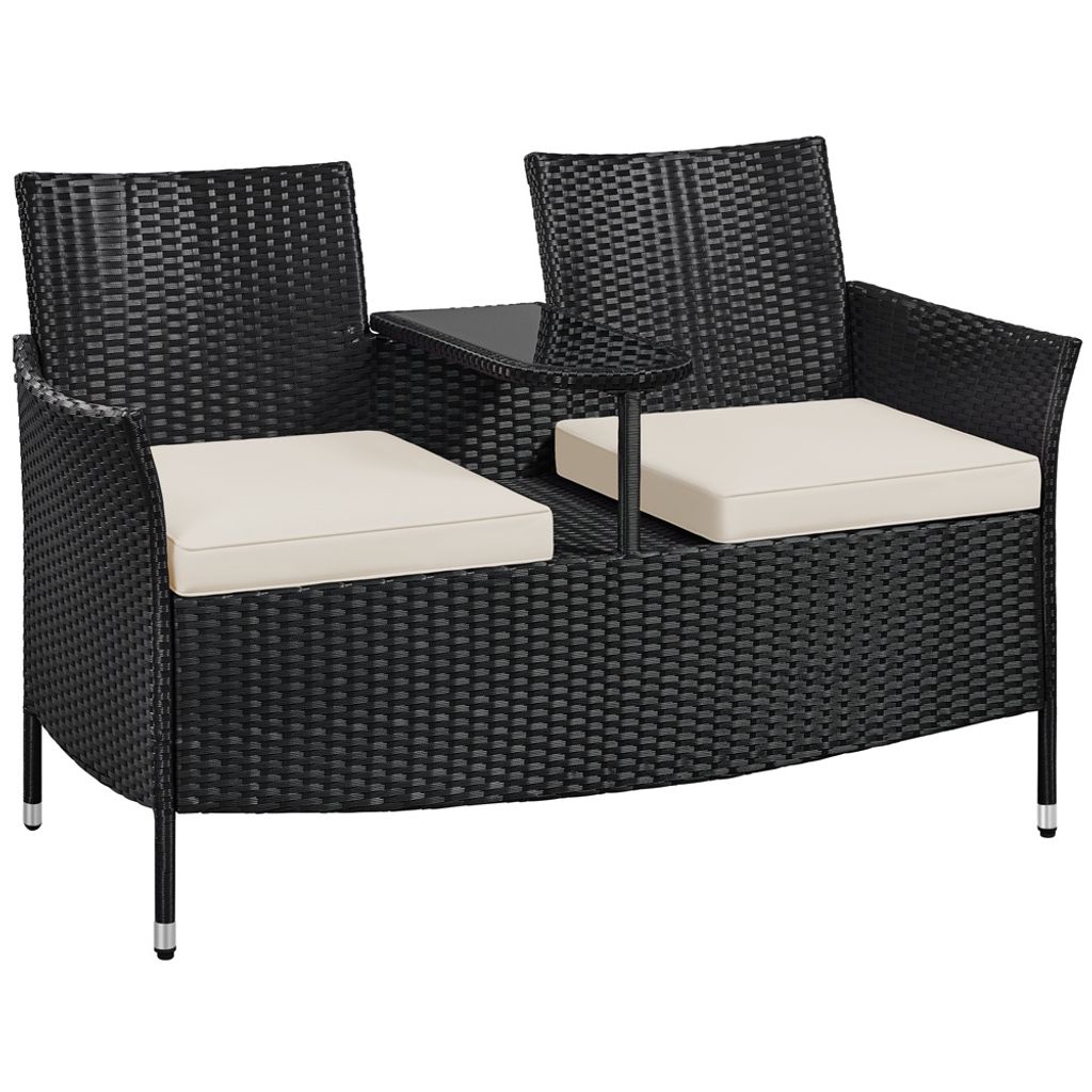 A black polyrattan loveseat with beige cushions and a built-in table.