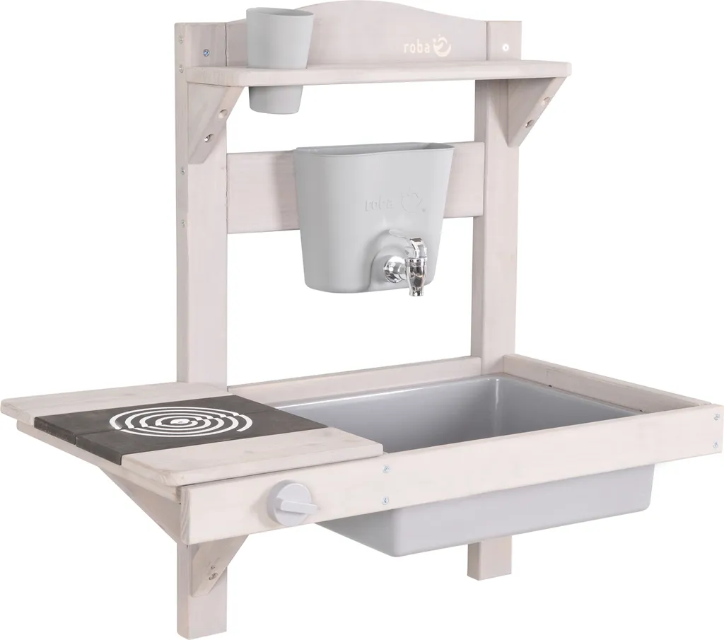 Matschküche roba bois gris - Cuisine de jardin avec distributeur d'eau et bacs