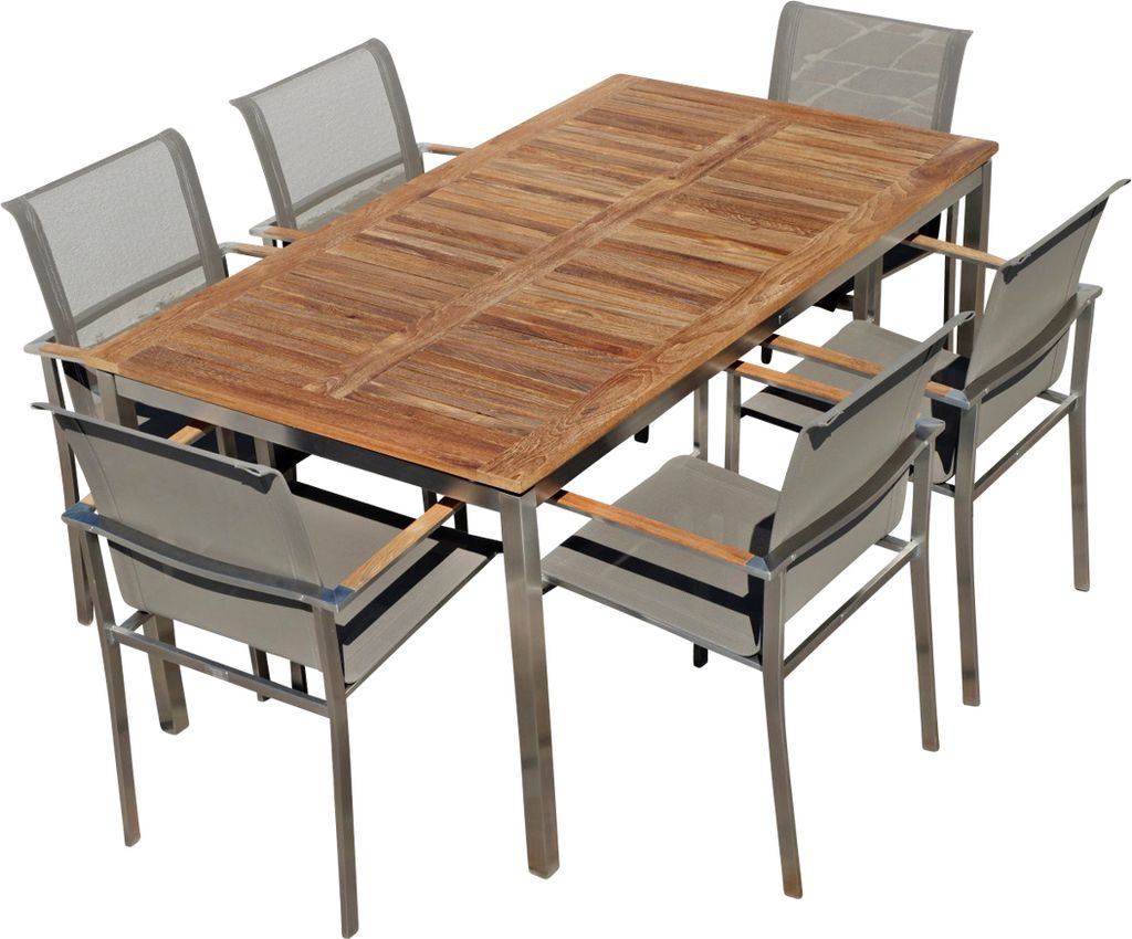 ALEOS. Gartengarnitur Edelstahl Batyline A-Grade Teak Holz Set: Tisch 160x90 cm + 6 Sessel mit Batyline Bespannung Serie KUBA-BRAUN Gastroqualität