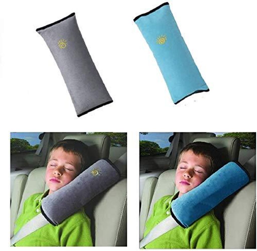 Pack 2 Sicherheitsgurtpolster, Schlaftkissen, Halsstütze Kinder, Schulterschutz (Grau und Blau)