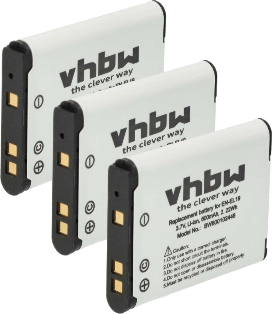 vhbw 3x Akku kompatibel mit Nikon Coolpix S6400, S4300, S6600, S6700, S5200, S6900, S7000, W100, S5300, S6800, S6500 Kamera (600 mAh, 3,7 V, Li-Ion)