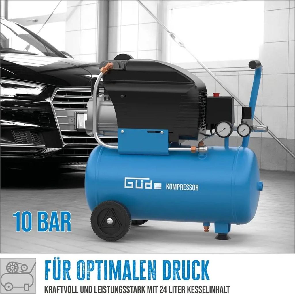Güde Compresseur 231/10/24 - 1500W, 24L, 10 Bars - Lubrifié à L'huile - Kit 12 Pièces Inclus - Idéal Atelier Et Bricolage