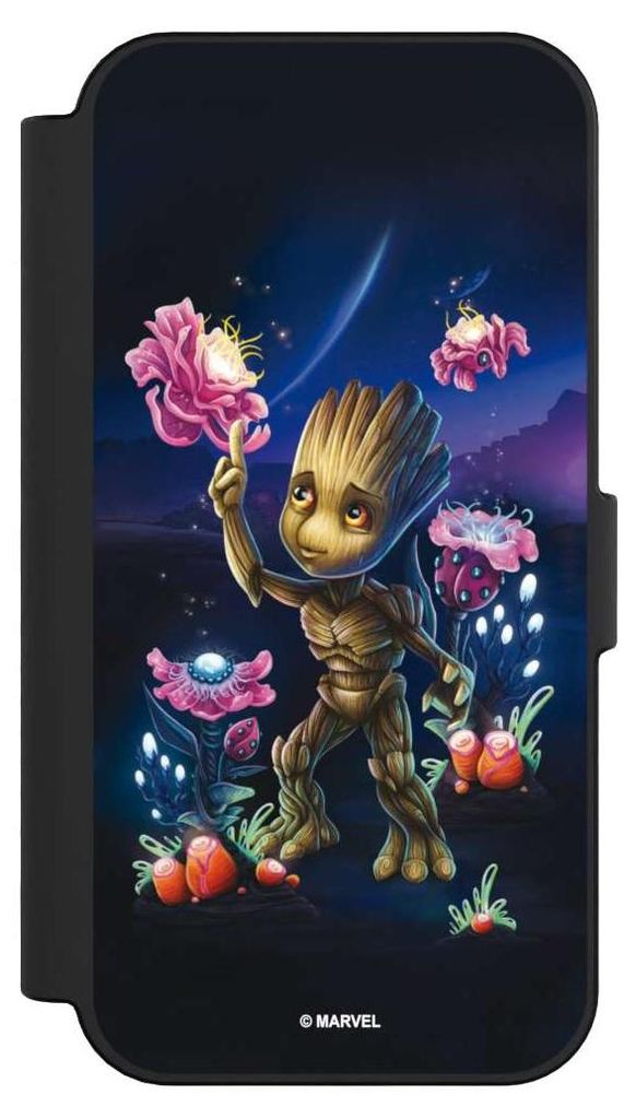 NIVOCASE Klapphülle für Apple iPhone 16 Handyhülle aus Kunst Leder NIVOflip schwarz Marvel Guardians Of The Galaxy Baby Groot