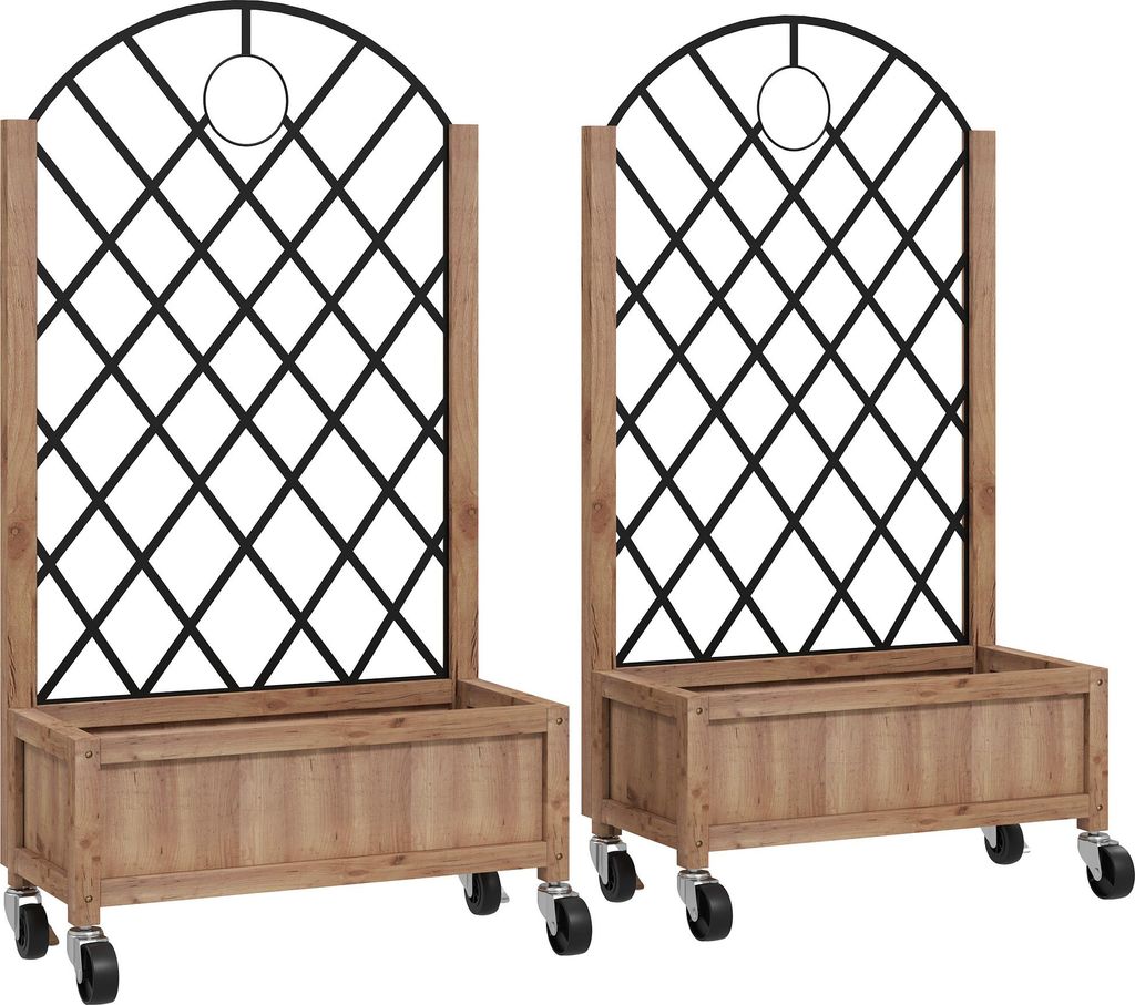 2er Set Hochbeet Pflanzkasten mit Rolle, Rankgitter, Spalier Pflanzkübel Blumenkasten Holz 52x25x97cm Braun