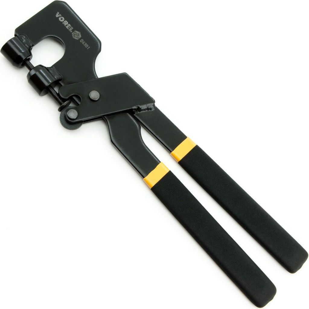 A black metal tool with yellow accents on the handles, isolated on a white background.