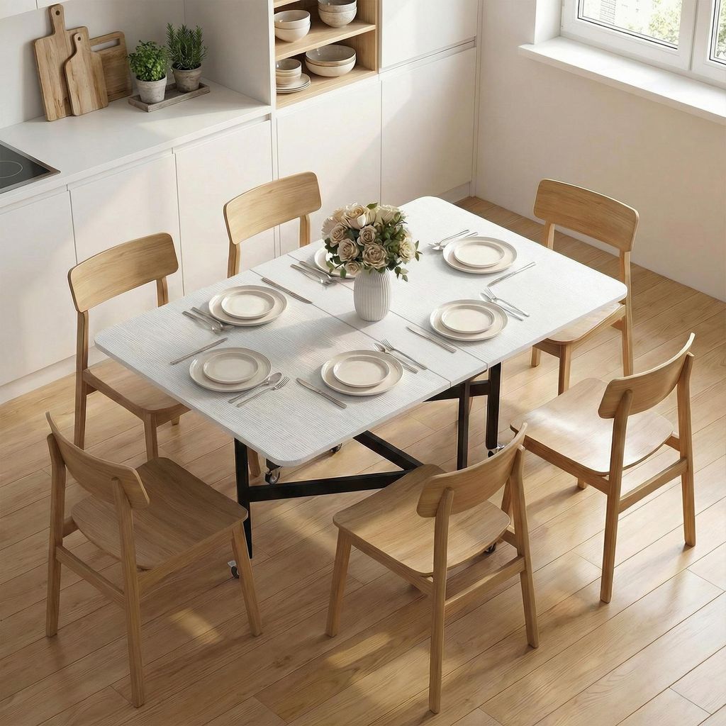 Klapptisch fahrbar mit 6 Rollen und Bremsen, Esstisch klappbar Spanplatte Stahl, Weiß | 120 x 80 x 73 cm | zusammengeklappt 26 cm | bis 6 Personen