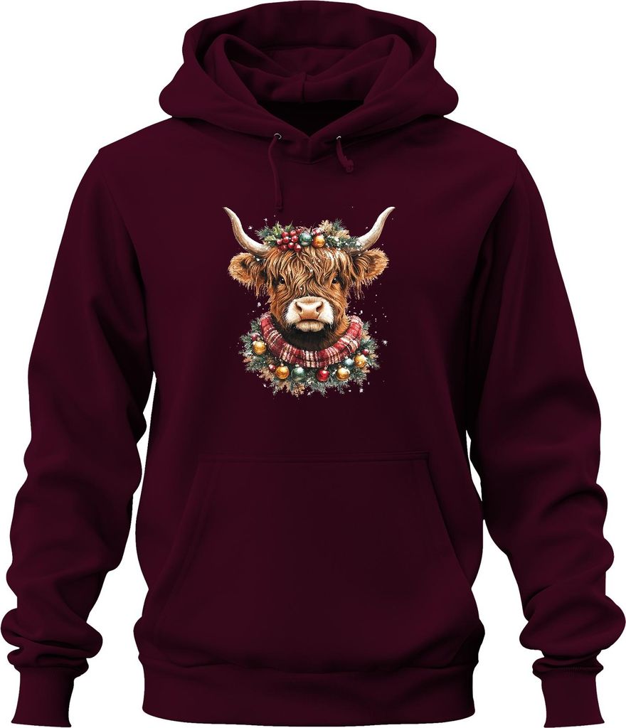 Highland Kuh Weihnachtskranz Christbaumkugeln Schal Retro Uni Hoodie Kapuzenpullover, Burgundy, S