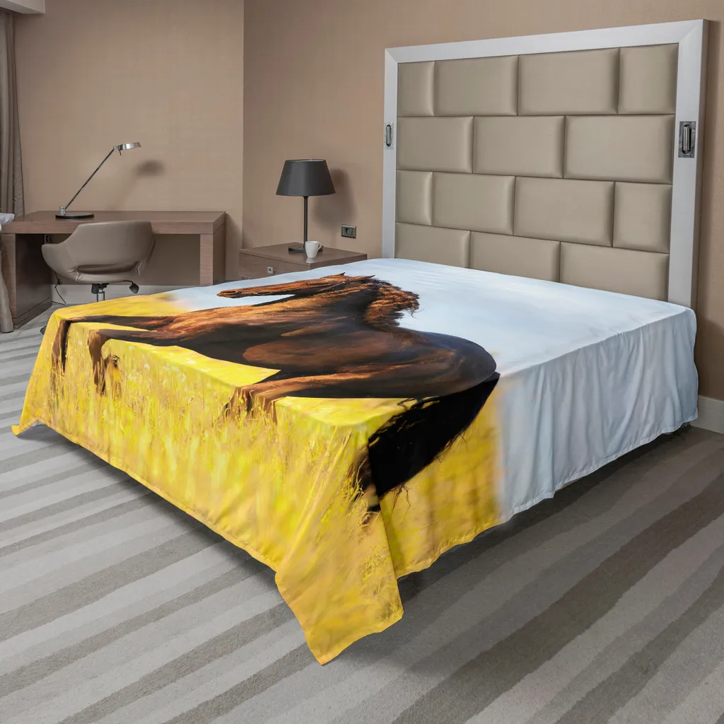 ABAKUHAUS Drap de lit plat Cheval Frison galopant 266x260 cm Bleu Marron