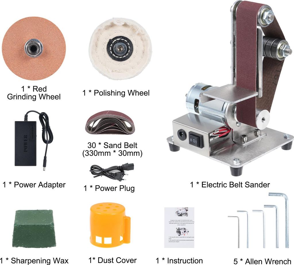 Elektrischer Bandschleifer mit 7 Geschwindigkeitsstufen, Mini-Multifunktions-Schleif- und Poliermaschine inklusive 10 Schleifbändern (30 x 330 mm)...