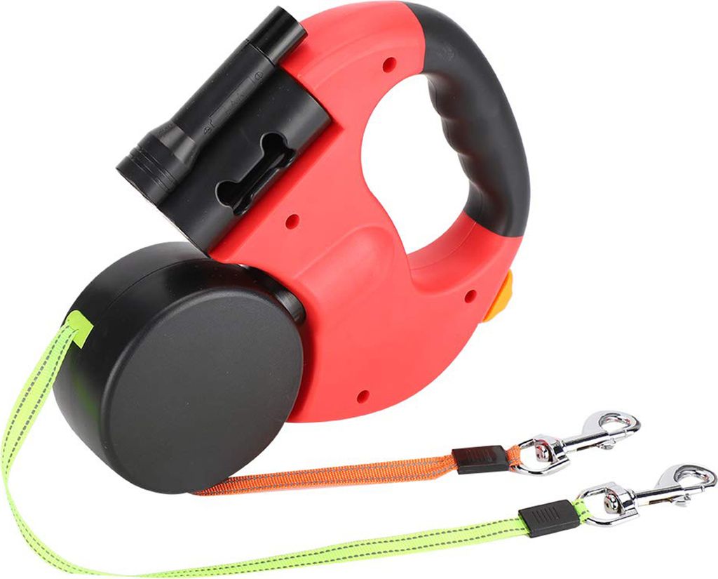 3m Einziehbar Hundeleine Rollleine Gurtleine Doppelleine für 2 Hunde mit LED Lampe, Rot