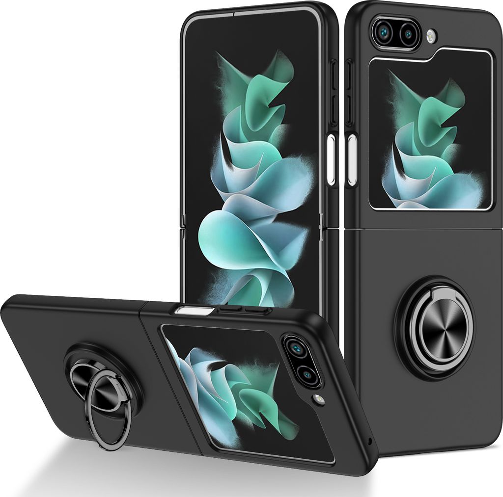 Galaxy Z Flip5 Hülle, Dünn Hart PC Schutzhülle mit Ringhalter Ständer für Samsung Galaxy Z Flip 5 Schwarz