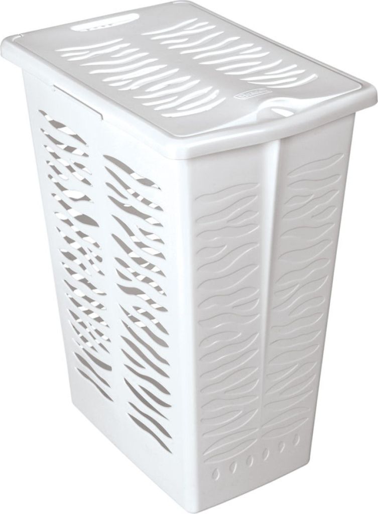 A white laundry basket with a lid.