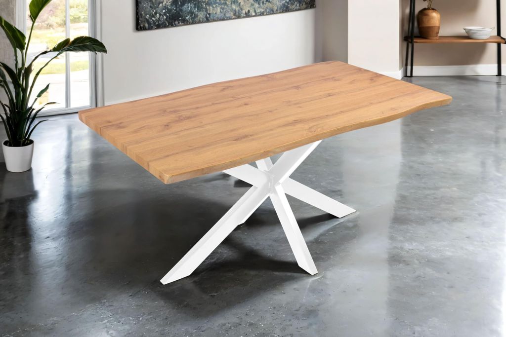 Esstisch Josy | 160 x 85 cm | Holz Wildeiche-Optik | Spider-Gestell Metall Weiß | 40 mm Tischplatte mit Baumkante | Tisch für Esszimmer & Küche