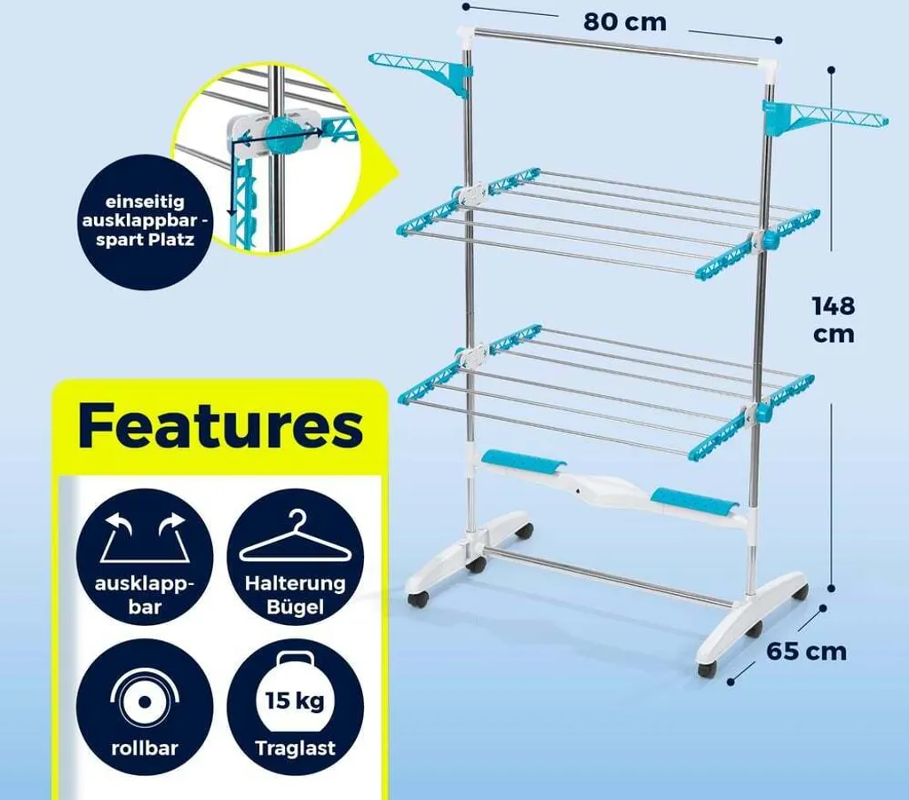 EASYmaxx Séchoir à linge électrique 17W blanc et turquoise pliable