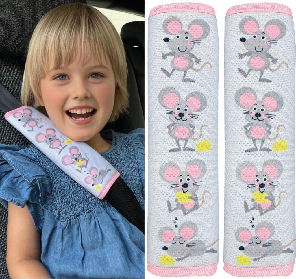 2x HECKBO Kinder Auto Gurtpolster Gurtschutz mit Maus Motiv - Sicherheitsgurt Polster für Kinder und Babys- Ideal für jeden Gurt Autositzerhöhun...
