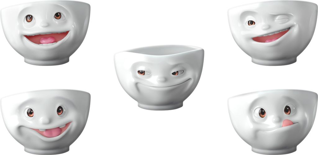 Five white ceramic bowls with different facial expressions.