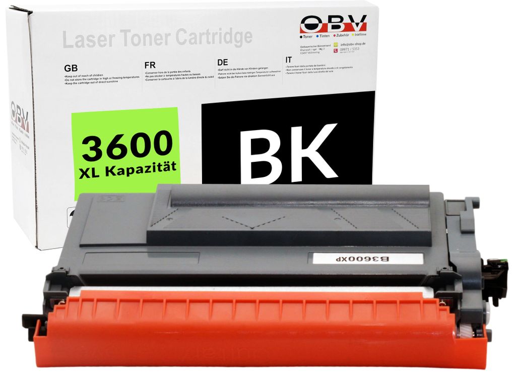 A black laser toner cartridge is shown in front of its packaging box.