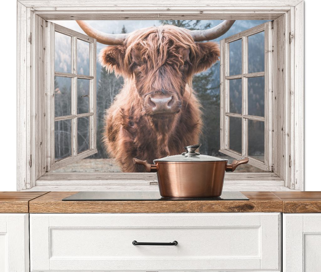 KitchenYeah Spritzschutz Küche - Küchenrückwand - Wandschutz für Herd und Spüle - Schottisches Hochlandrind - Kuh - Berg - Aussicht 120x80 ...