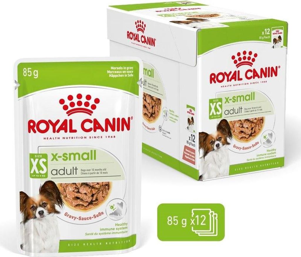 A product shot showing a pouch of dog food and its outer packaging box.