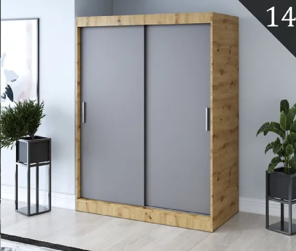 FurMeb24 Schiebetrenschrank GOLD -150x200cm 2-triger Kleiderschrank Ohne Spiegel, Schiebeschrank - (Eiche Artisan + Anthrazit)
