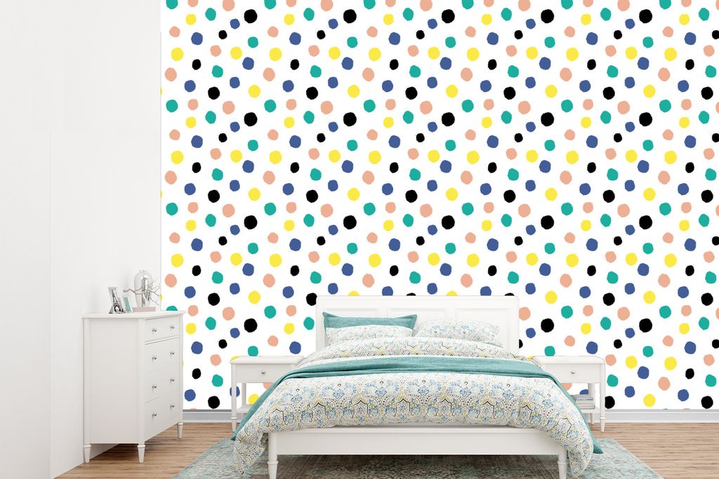 MuchoWow Fototapete für Wohnzimmer oder Schlafzimmer Wandtapete Vinyl Motivtapete Polka dots - Muster - Gelb - 385x280 cm - Wallpaper